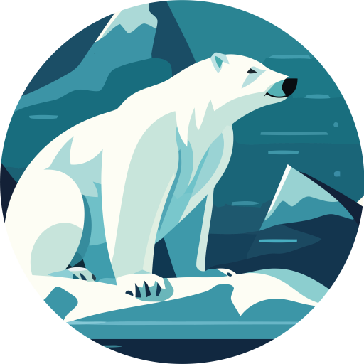 A vector illustration of a polar bear sitting on ice in the arctic sea.